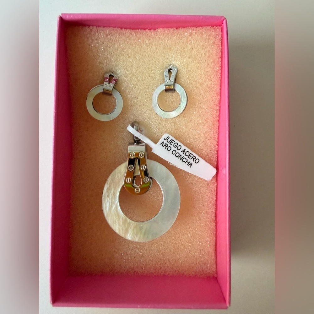 Stainless Steel- Mother-of-Pearl Earrings & Pendant Set Minimalist jewelry